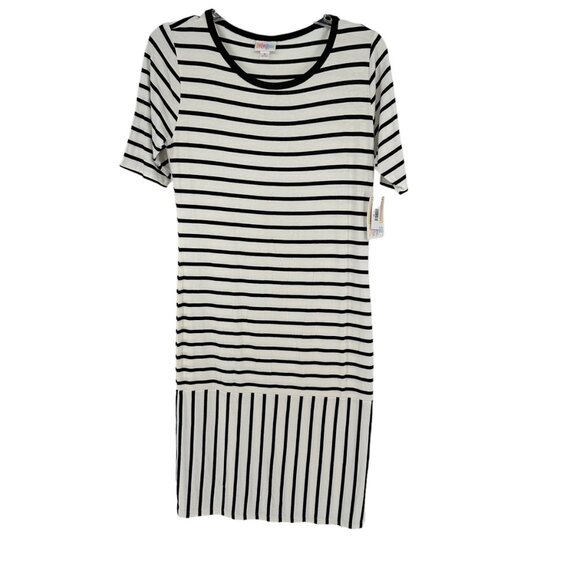 LuLaRoe Retired Julia Dress M Black and White Striped SS Form Fitting NWT - Picture 1 of 8